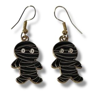Halloween Mummy Gold & Black Dangle Dangling Halloween Earrings for Pierced Ears
